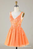 Orange Sparkly V-Neck Homecoming Dresses Lace Applique Back to School Dress S24072-Homecoming Dresses-Viniodress-Viniodress