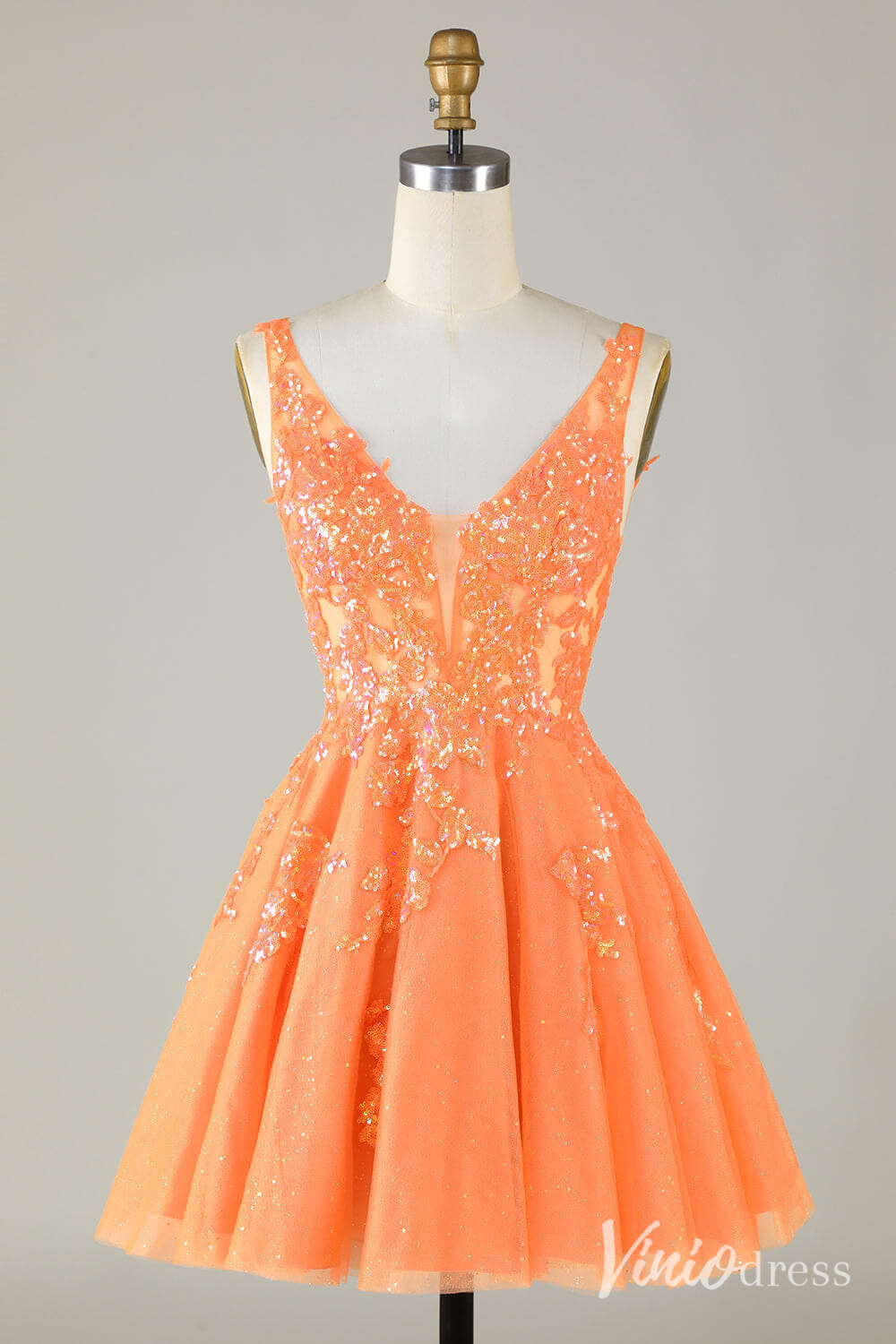 Orange Sparkly V-Neck Homecoming Dresses Lace Applique Back to School Dress S24072-Homecoming Dresses-Viniodress-Orange-Custom Size-Viniodress