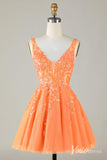 Orange Sparkly V-Neck Homecoming Dresses Lace Applique Back to School Dress S24072-Homecoming Dresses-Viniodress-Orange-Custom Size-Viniodress