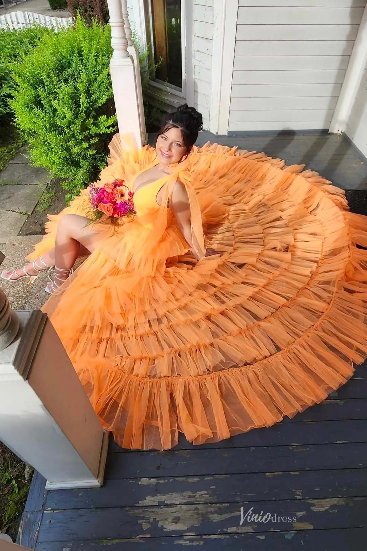 Orange Tiered Ruffle Tulle Prom Dress with Deep V Neck & Front Slit – RF002-prom dresses 2026-Viniodress-Orange-Custom Size-