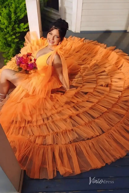 Orange Tiered Ruffle Tulle Prom Dress with Deep V Neck & Front Slit – RF002-prom dresses 2026-Viniodress-Orange-Custom Size-