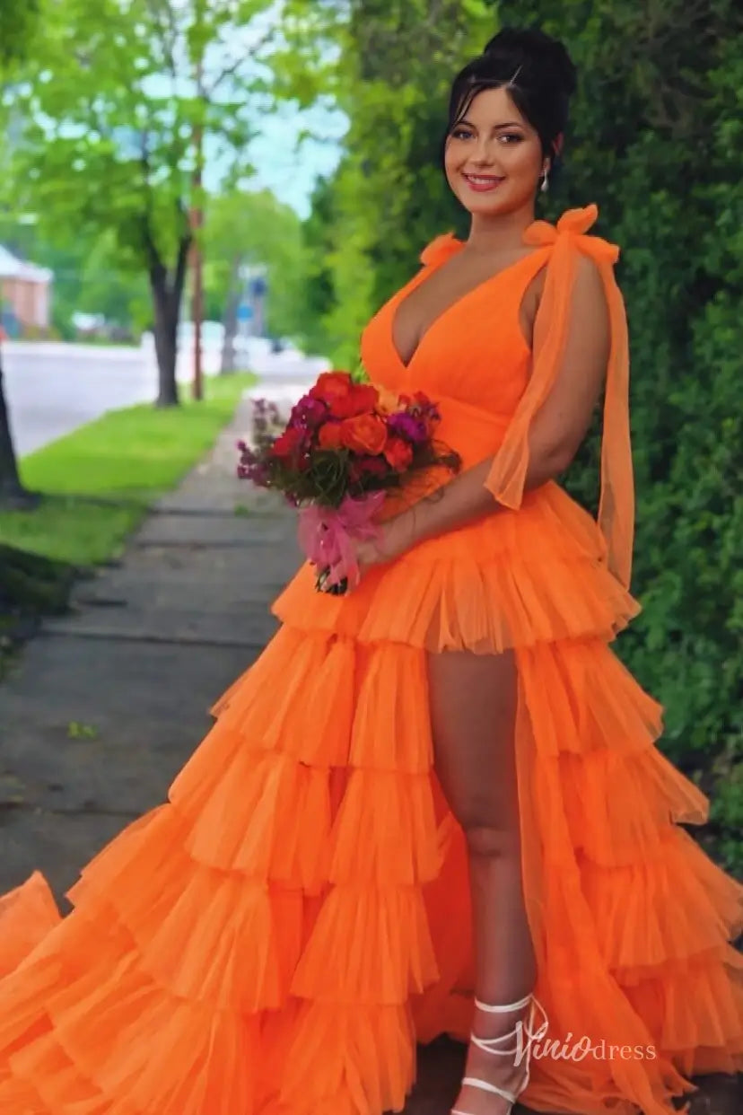 Orange Tiered Ruffle Tulle Prom Dress with Deep V Neck & Front Slit – RF002-prom dresses 2026-Viniodress-Orange-Custom Size-