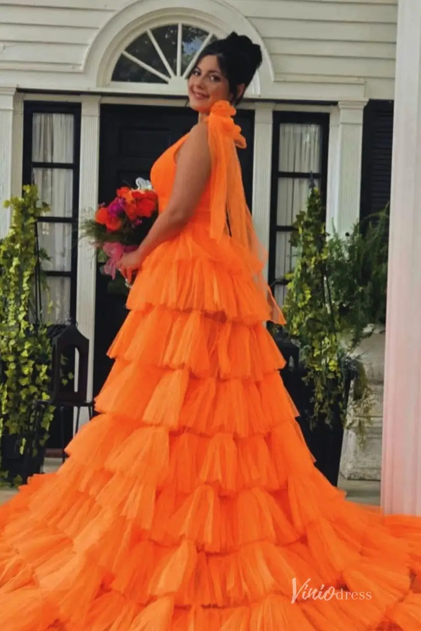 Orange Tiered Ruffle Tulle Prom Dress with Deep V Neck & Front Slit – RF002-prom dresses 2026-Viniodress-Orange-Custom Size-