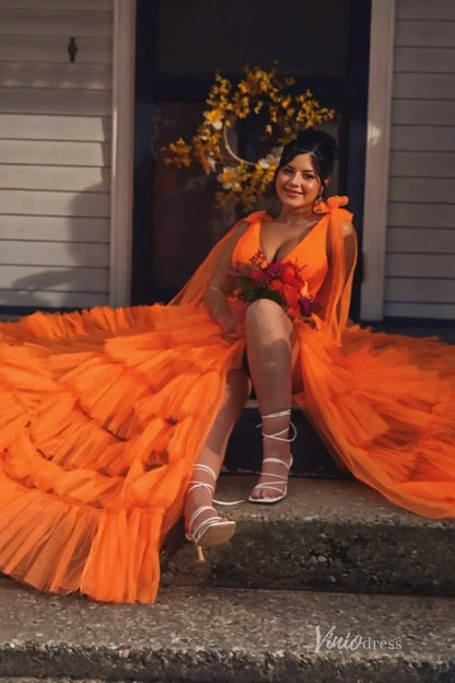 Orange Tiered Ruffle Tulle Prom Dress with Deep V Neck & Front Slit – RF002-prom dresses 2026-Viniodress-Orange-Custom Size-