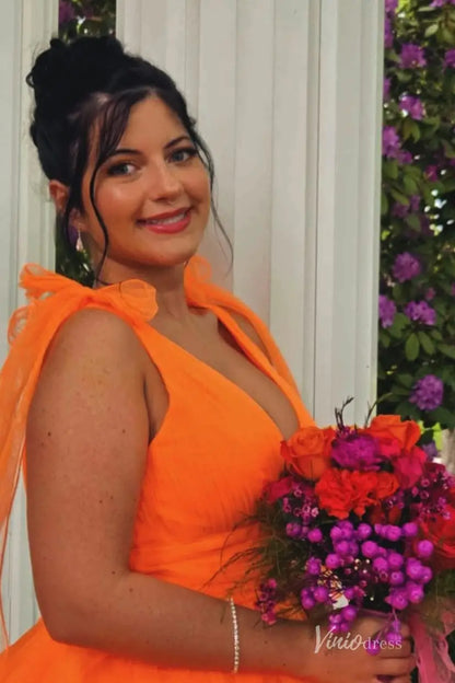 Orange Tiered Ruffle Tulle Prom Dress with Deep V Neck & Front Slit – RF002-prom dresses 2026-Viniodress-Orange-Custom Size-