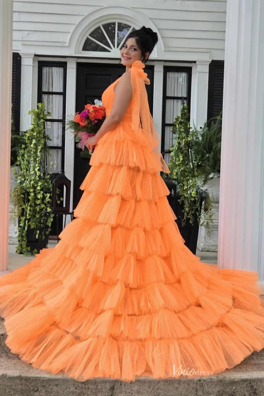 Orange Tiered Ruffle Tulle Prom Dress with Deep V Neck & Front Slit – RF002-prom dresses 2026-Viniodress-Orange-Custom Size-