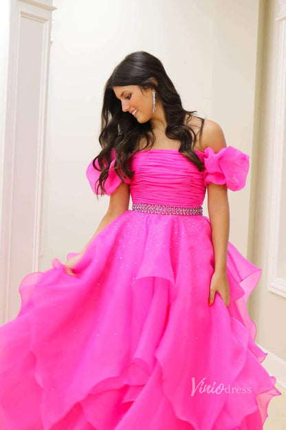 Organza Ruffle Off the Shoulder Prom Dresses Pleated Bodice Puffed Sleeve FD4005-prom dresses 2025 -Viniodress-Hot Pink-Custom Size-