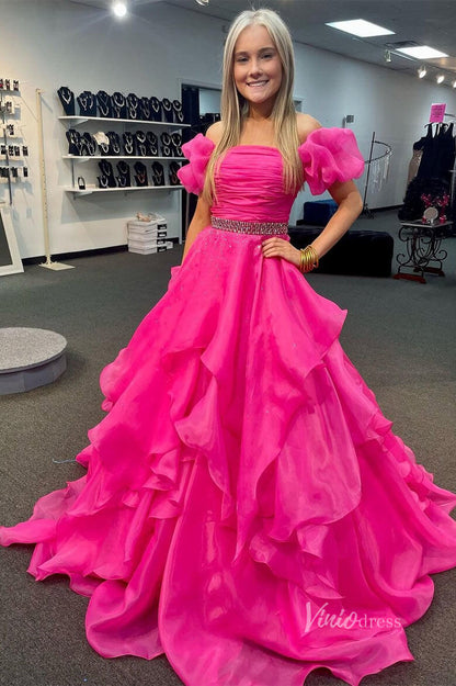 Organza Ruffle Off the Shoulder Prom Dresses Pleated Bodice Puffed Sleeve FD4005-prom dresses 2025 -Viniodress-Hot Pink-Custom Size-