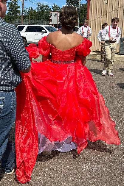 Organza Ruffle Off the Shoulder Prom Dresses Pleated Bodice Puffed Sleeve FD4005-prom dresses 2025 -Viniodress-Hot Pink-Custom Size-