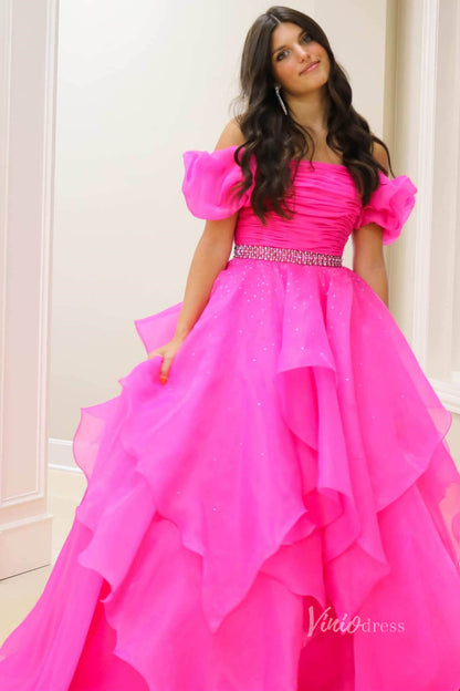 Organza Ruffle Off the Shoulder Prom Dresses Pleated Bodice Puffed Sleeve FD4005-prom dresses 2025 -Viniodress-Hot Pink-Custom Size-