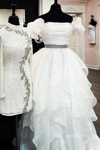 Organza Ruffle Off the Shoulder Prom Dresses Pleated Bodice Puffed Sleeve FD4005-prom dresses 2025 -Viniodress-Ivory-Custom Size-