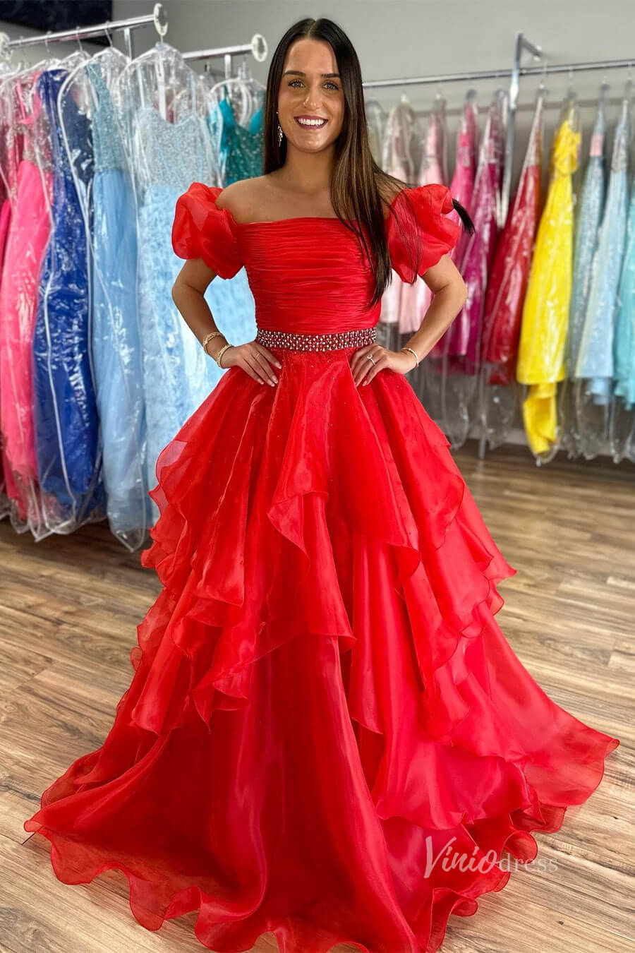 Organza Ruffle Off the Shoulder Prom Dresses Pleated Bodice Puffed Sleeve FD4005-prom dresses 2025 -Viniodress-Red-Custom Size-