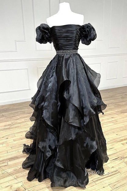 Organza Ruffle Off the Shoulder Prom Dresses Pleated Bodice Puffed Sleeve FD4005-prom dresses 2025 -Viniodress-Black-Custom Size-