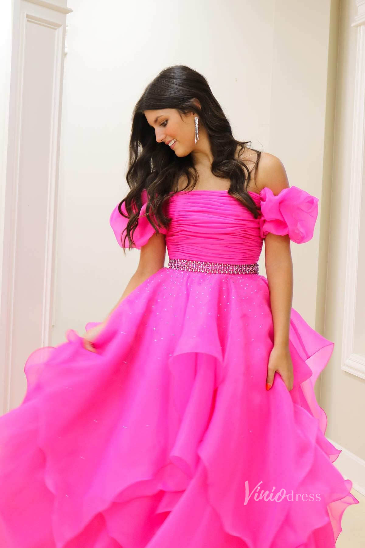 Organza Ruffle Off the Shoulder Prom Dresses Pleated Bodice Puffed Sleeve FD4005-prom dresses 2025 -Viniodress-Hot Pink-Custom Size-