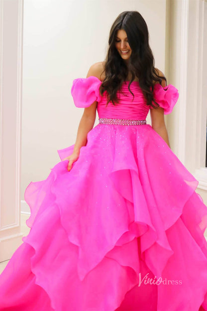 Organza Ruffle Off the Shoulder Prom Dresses Pleated Bodice Puffed Sleeve FD4005-prom dresses 2025 -Viniodress-Hot Pink-Custom Size-