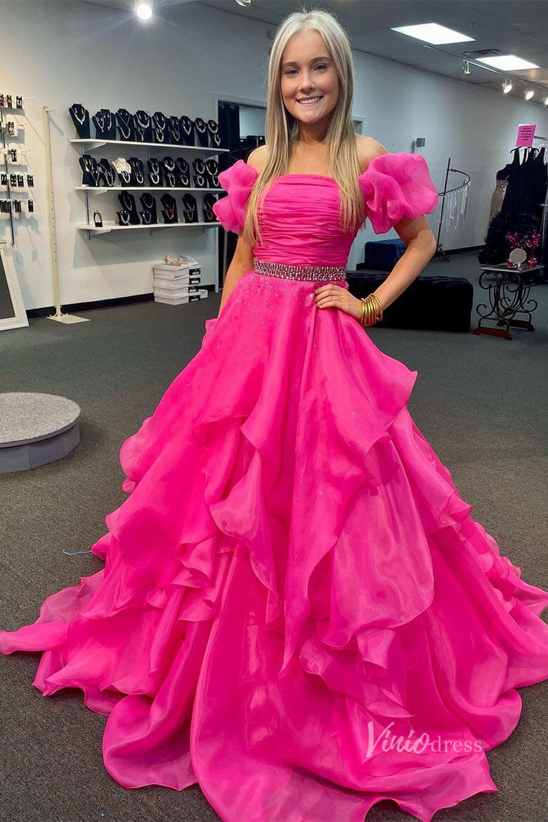 Organza Ruffle Off the Shoulder Prom Dresses Pleated Bodice Puffed Sleeve FD4005-prom dresses 2025 -Viniodress-Hot Pink-Custom Size-