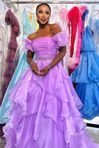 Organza Ruffle Off the Shoulder Prom Dresses Pleated Bodice Puffed Sleeve FD4005-prom dresses 2025 -Viniodress-Hot Pink-Custom Size-