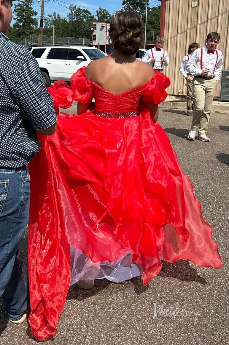 Organza Ruffle Off the Shoulder Prom Dresses Pleated Bodice Puffed Sleeve FD4005-prom dresses 2025 -Viniodress-Hot Pink-Custom Size-