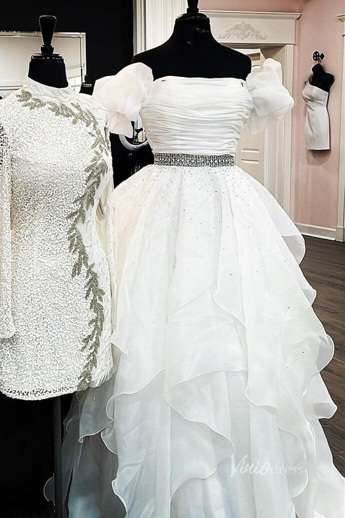 Organza Ruffle Off the Shoulder Prom Dresses Pleated Bodice Puffed Sleeve FD4005-prom dresses 2025 -Viniodress-Ivory-Custom Size-
