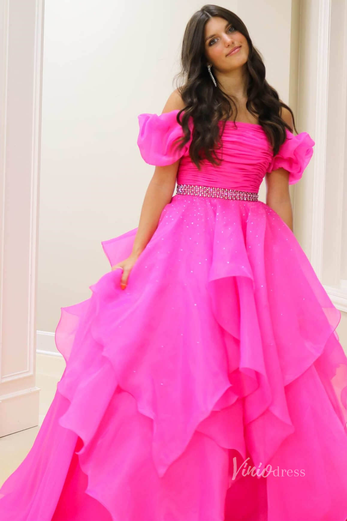 Organza Ruffle Off the Shoulder Prom Dresses Pleated Bodice Puffed Sleeve FD4005-prom dresses-Viniodress-Hot Pink-Custom Size-Viniodress