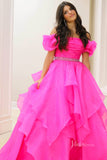 Organza Ruffle Off the Shoulder Prom Dresses Pleated Bodice Puffed Sleeve FD4005