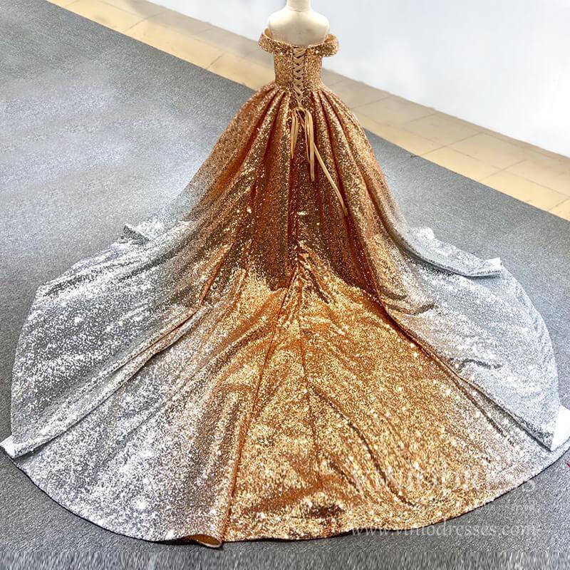 Off the Shoulder Gold Sequin Ball Gown for Child FD1959K-Girls Prom Dresses-Viniodress-Viniodress