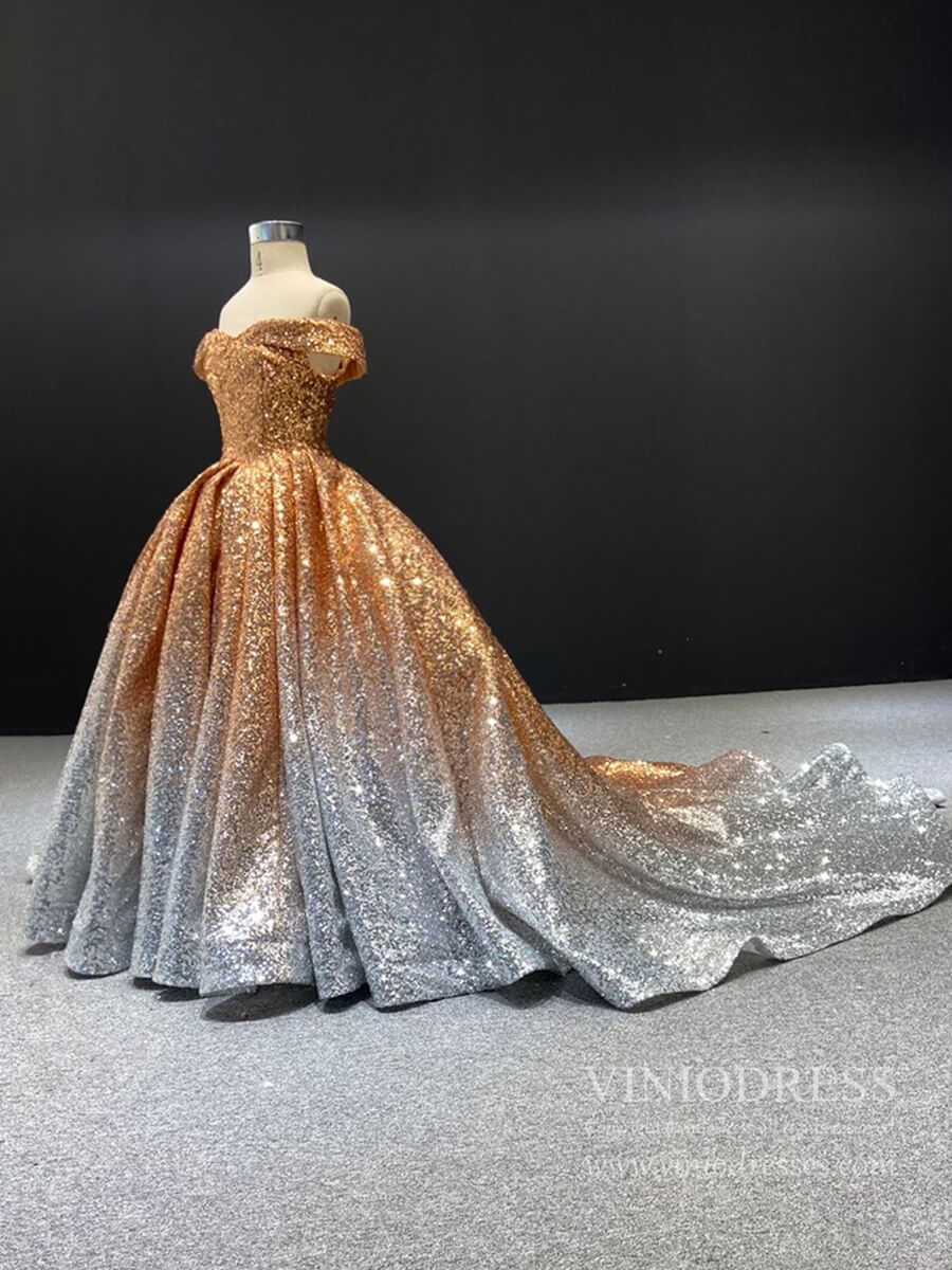 Off the Shoulder Gold Sequin Ball Gown for Child FD1959K-Girls Prom Dresses-Viniodress-Viniodress