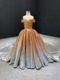 Off the Shoulder Gold Sequin Ball Gown for Child FD1959K-Girls Prom Dresses-Viniodress-As Picture-Custom Size-Viniodress