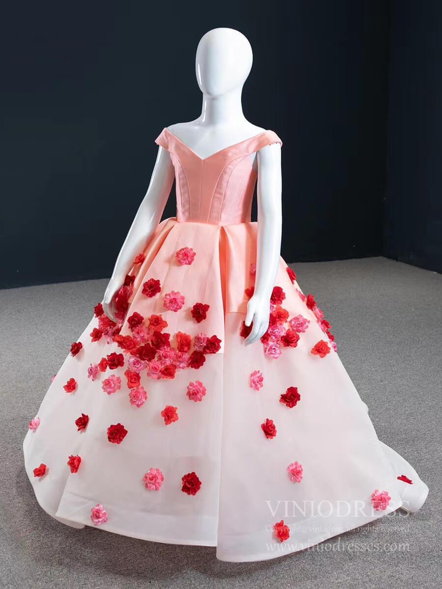 Pink Floral Ball Gown For Little Girls Pageant Dresses FD1142C-Girls Prom Dresses-Viniodress-Viniodress