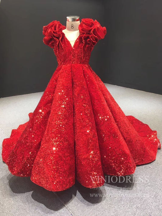 Sparkly Long Train Red Sequin Ball Gowns for Little Girls FD1763C viniodress-Girls Prom Dresses-Viniodress-Red-Custom Size-Viniodress