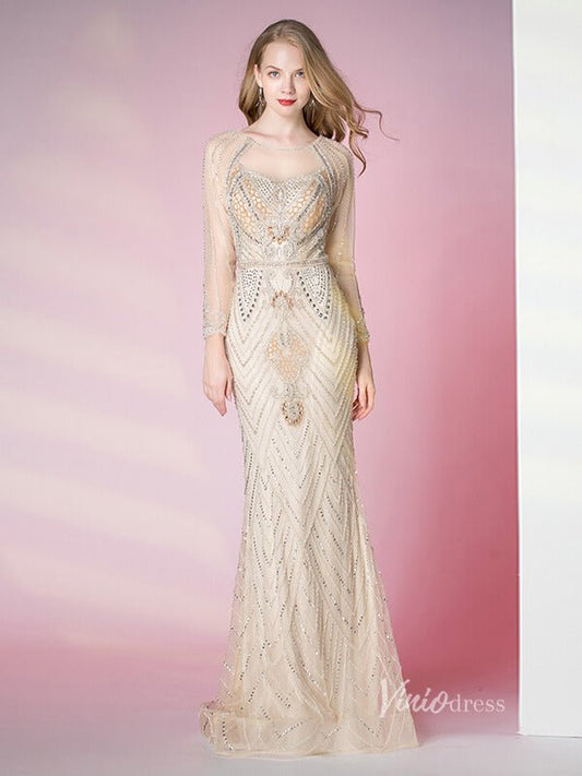 Pale Champagne Beaded Prom Dress Long Sleeve 20s Formal Dress FD2791-Evening Dresses 2025 -Viniodress-Champagne-US 2-