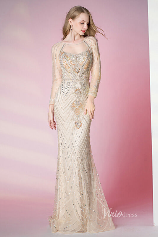 Prom Dress 2025 Pale Champagne Beaded Prom Dress Long Sleeve 20s Formal Dress FD2791-unique prom dresses-Champagne-US 2-Viniodress