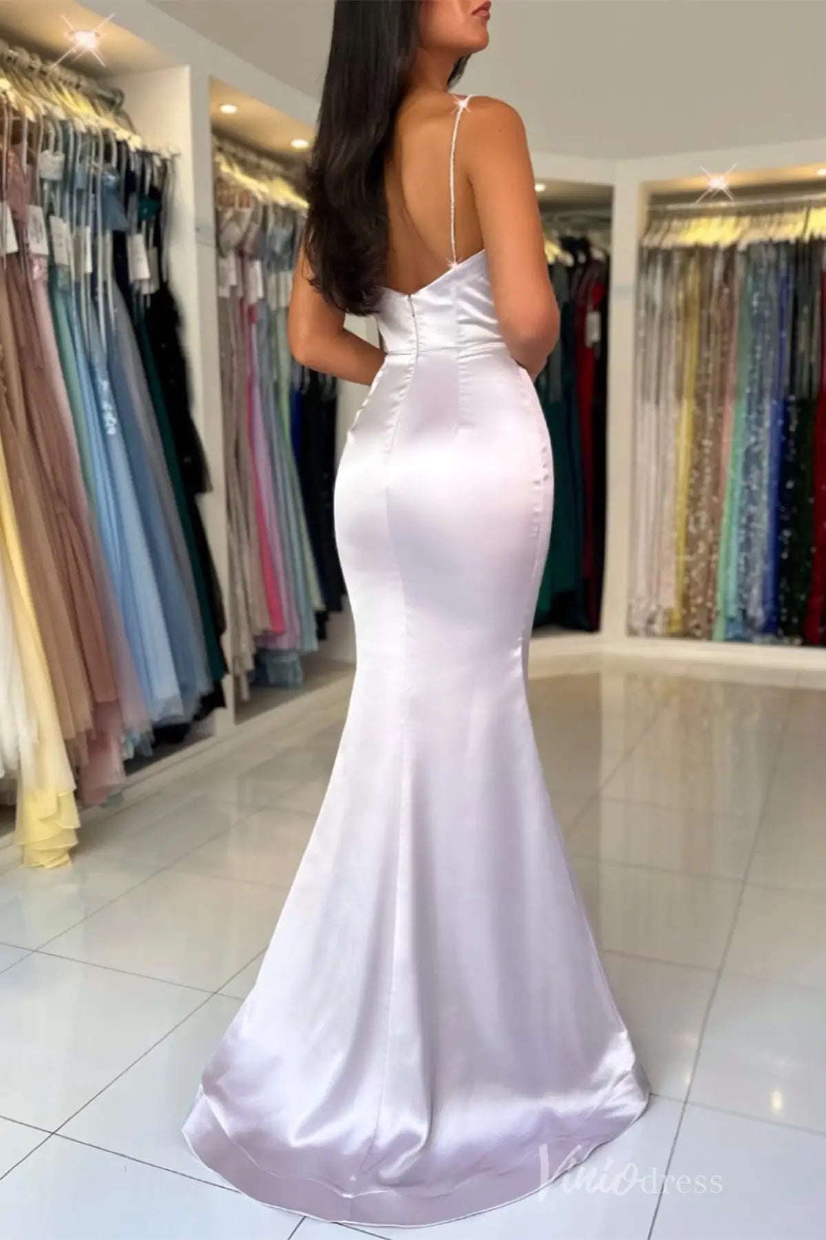 Pale Lavender Satin Mermaid Prom Dress with Spaghetti Straps, Cowl Neckline, High Slit – SS022-prom dresses 2025 -Viniodress-Ivory-Custom Size-
