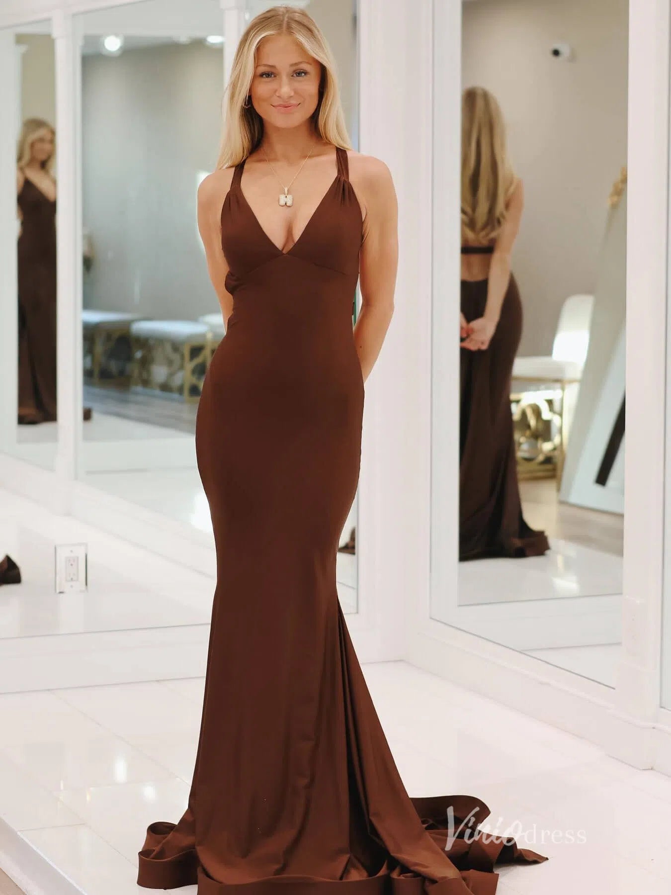 Pale Yellow Mermaid Satin Prom Dresses with Tail V-Neck Evening Dress FD2664-prom dresses 2025 -Viniodress-Brown-Custom Size-