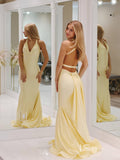 Pale Yellow Mermaid Satin Prom Dresses with Tail V-Neck Evening Dress FD2664-prom dresses-Viniodress-Viniodress