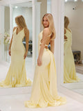 Pale Yellow Mermaid Satin Prom Dresses with Tail V-Neck Evening Dress FD2664-prom dresses-Viniodress-Viniodress