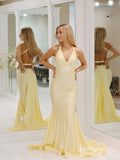 Pale Yellow Mermaid Satin Prom Dresses with Tail V-Neck Evening Dress FD2664-prom dresses-Viniodress-Viniodress