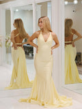 Pale Yellow Mermaid Satin Prom Dresses with Tail V-Neck Evening Dress FD2664-prom dresses-Viniodress-Viniodress