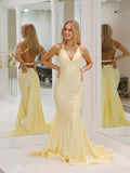 Pale Yellow Mermaid Satin Prom Dresses with Tail V-Neck Evening Dress FD2664