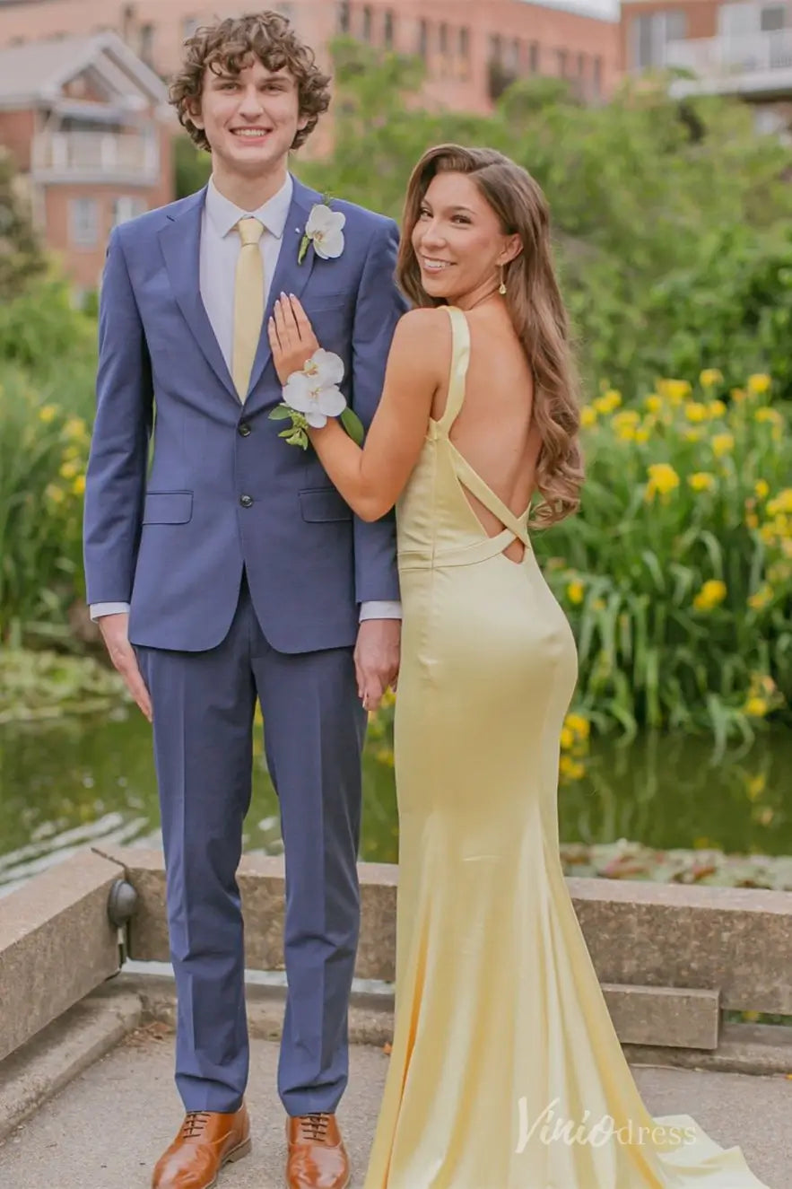 Pale Yellow Satin Prom Dress Sleek Backless Sheath Evening Gown– SS048-prom dresses 2025 -Viniodress-Yellow-Custom Size-
