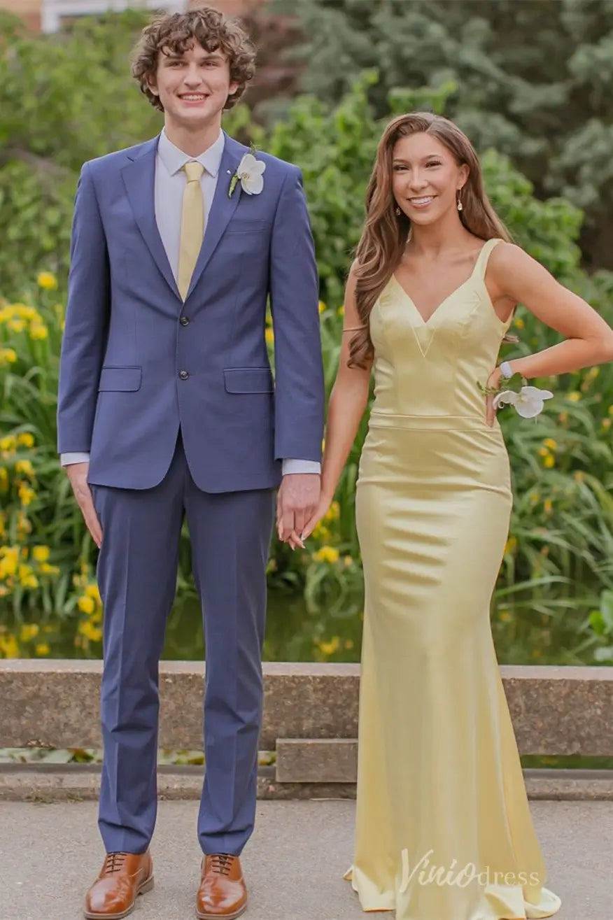 Pale Yellow Satin Prom Dress Sleek Backless Sheath Evening Gown– SS048-prom dresses 2025 -Viniodress-Yellow-Custom Size-
