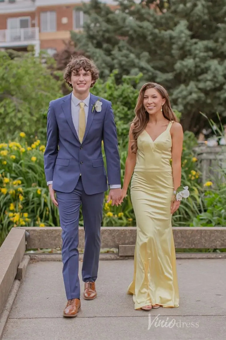 Pale Yellow Satin Prom Dress Sleek Backless Sheath Evening Gown– SS048-prom dresses 2025 -Viniodress-Yellow-Custom Size-