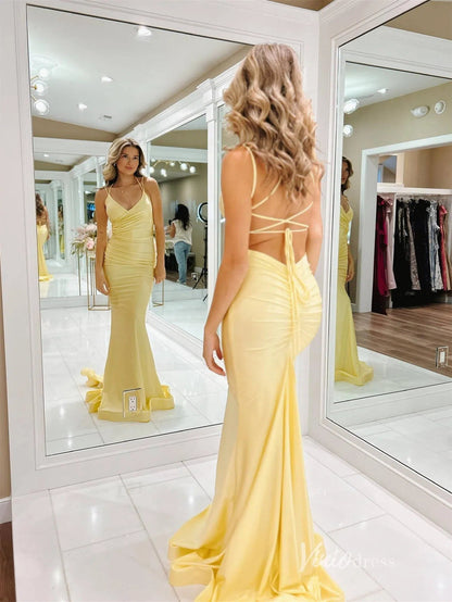 Pale Yellow Satin Prom Dresses Mermaid Spaghetti Strap Evening Dress Lace-up Back FD3678-prom dresses 2025 -Viniodress-Yellow-Custom Size-