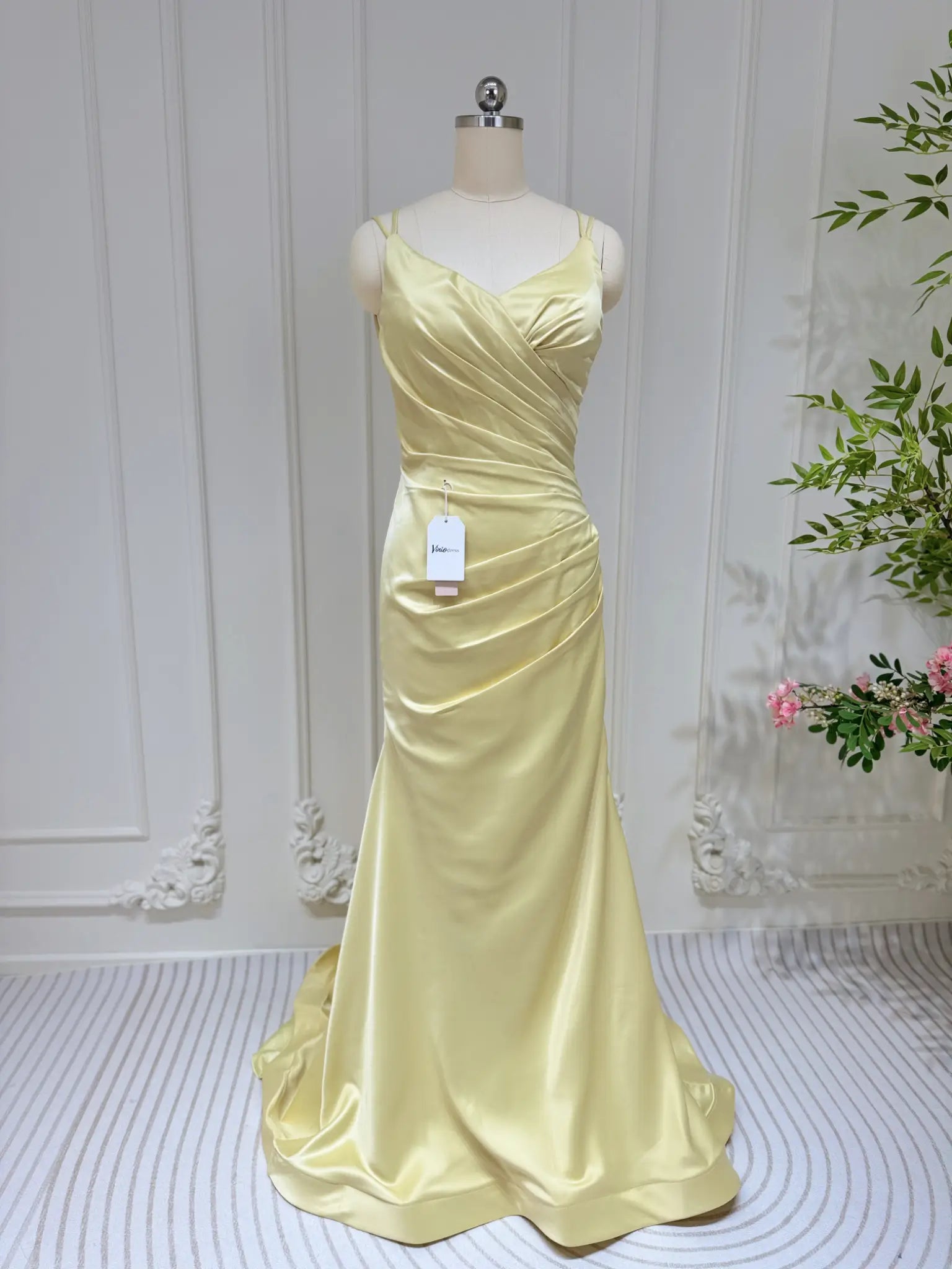 Pale Yellow Satin Prom Dresses Mermaid Spaghetti Strap Evening Dress Lace-Up Back FD3678 Yellow / US24W Pale Yellow Satin Prom Dresses Mermaid Spaghetti Strap Evening Dress L –  Viniodress
