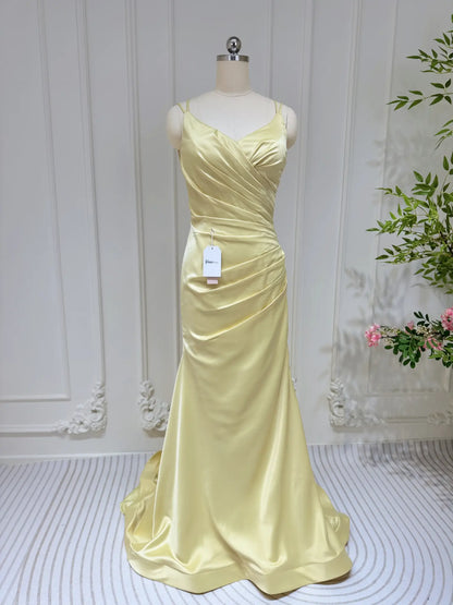 Pale Yellow Satin Prom Dresses Mermaid Spaghetti Strap Evening Dress Lace-up Back FD3678-prom dresses 2025 -Viniodress-Yellow-Custom Size-