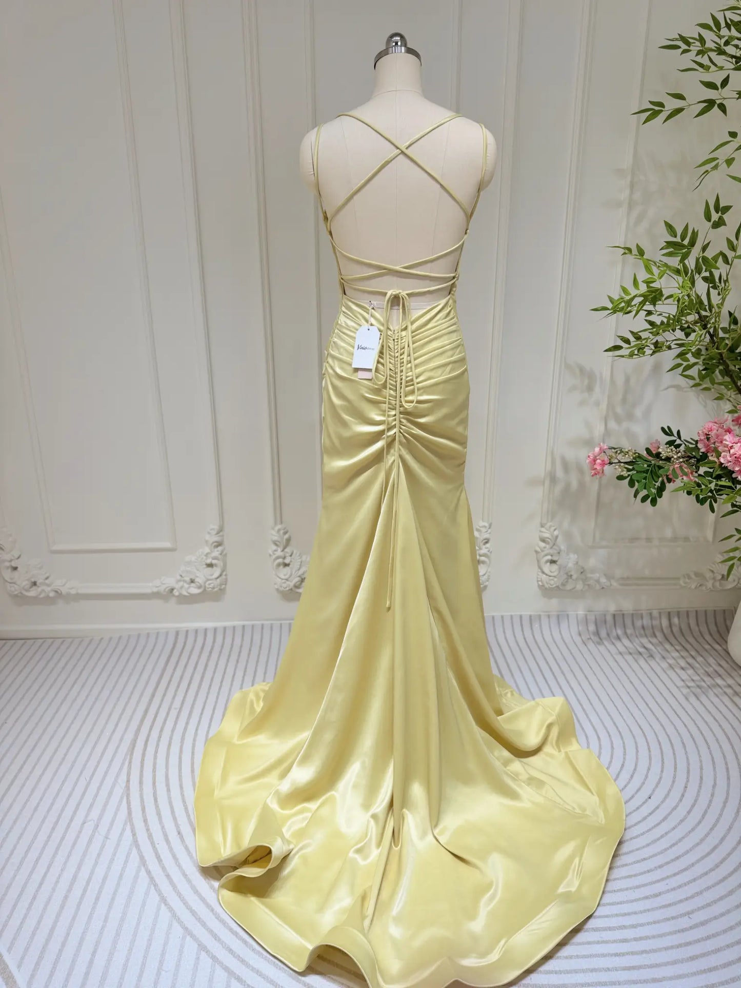 Pale Yellow Satin Prom Dresses Mermaid Spaghetti Strap Evening Dress Lace-up Back FD3678-prom dresses 2025 -Viniodress-Yellow-Custom Size-