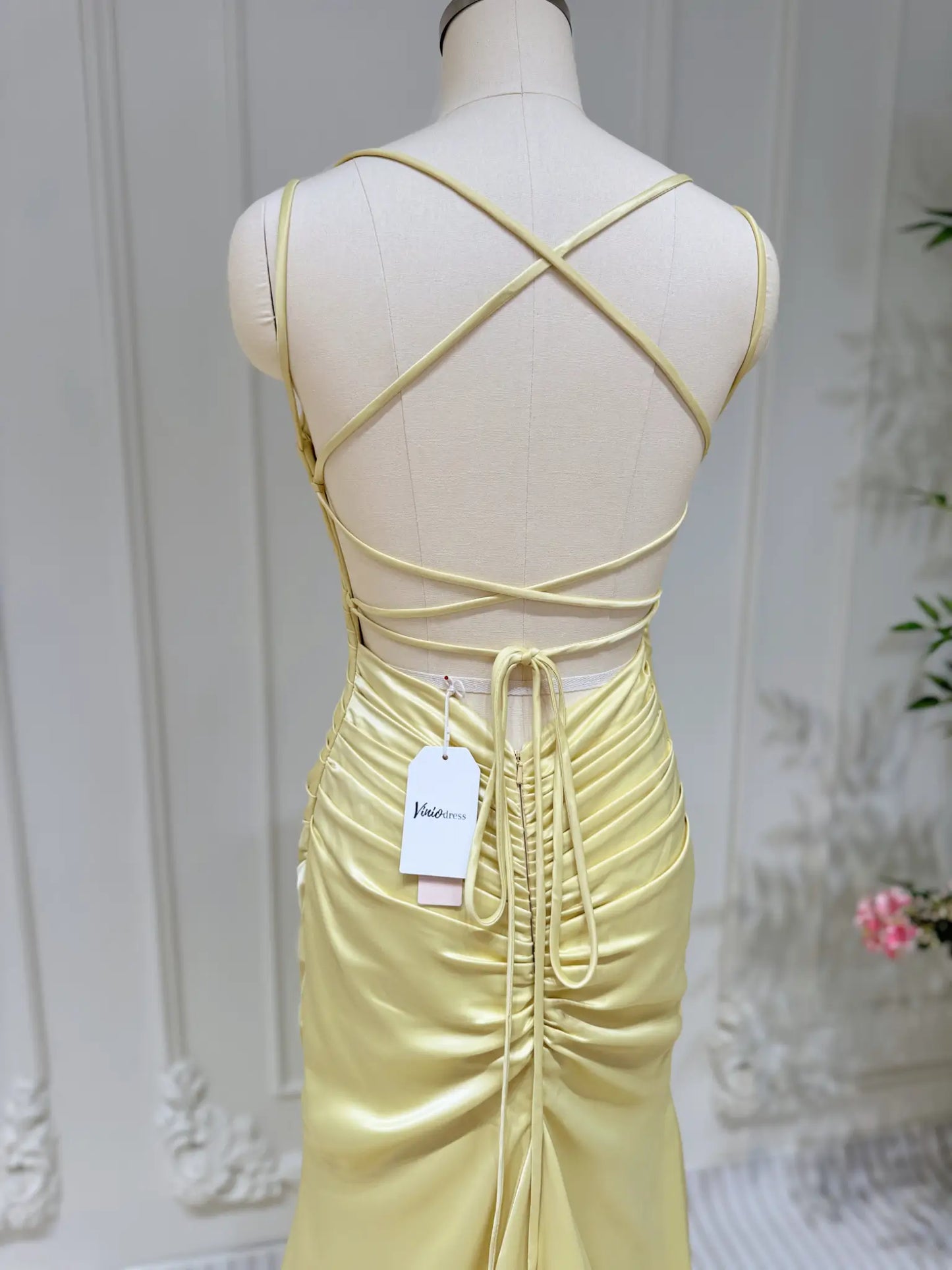 Pale Yellow Satin Prom Dresses Mermaid Spaghetti Strap Evening Dress Lace-up Back FD3678-prom dresses 2025 -Viniodress-Yellow-Custom Size-