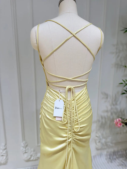 Pale Yellow Satin Prom Dresses Mermaid Spaghetti Strap Evening Dress Lace-up Back FD3678-prom dresses 2025 -Viniodress-Yellow-Custom Size-