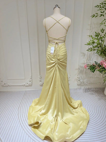 Pale Yellow Satin Prom Dresses Mermaid Spaghetti Strap Evening Dress Lace-up Back FD3678-prom dresses 2025 -Viniodress-Yellow-Custom Size-