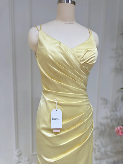 Pale Yellow Satin Prom Dresses Mermaid Spaghetti Strap Evening Dress Lace-up Back FD3678-prom dresses 2025 -Viniodress-Yellow-Custom Size-